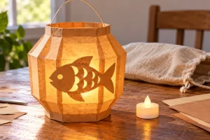 Un farol de papel con forma de pez está junto a una luz de pilas.
