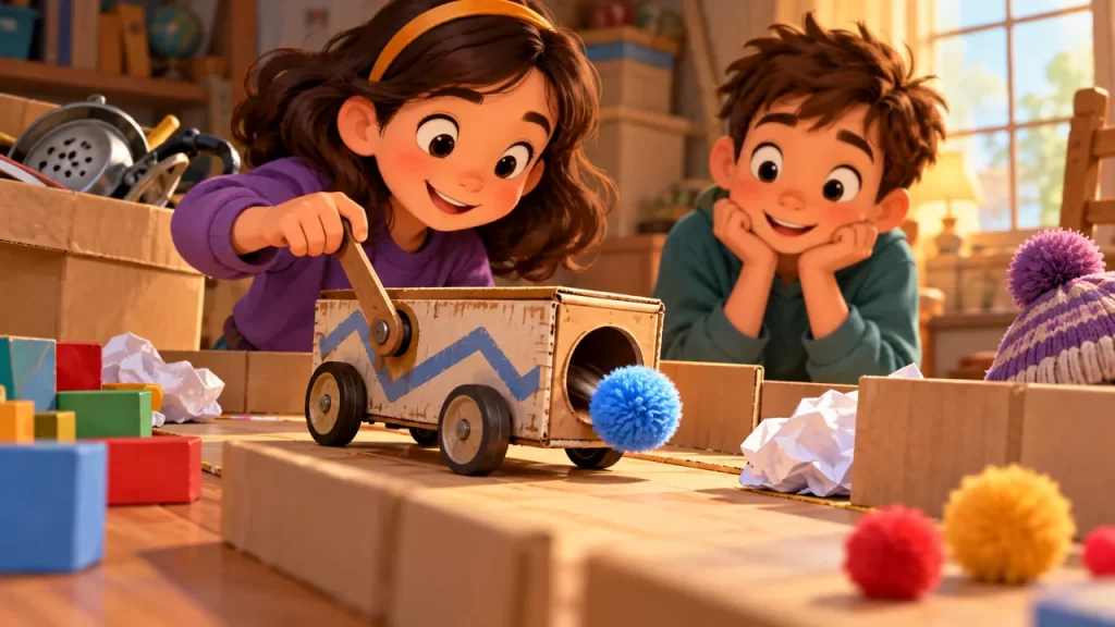 Dos niños juegan con un vehículo de madera y un pompón azul.