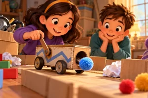 Dos niños juegan con un vehículo de madera y un pompón azul.