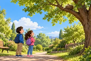 Dos niños observan desde lejos un nido en una rama alta.