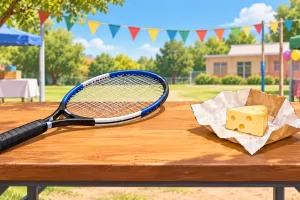 Una raqueta y un pequeño paquete con queso están separados sobre una mesa.