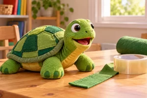 Un títere de tortuga está junto a una tira de tela y cinta.