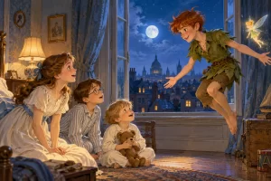Peter Pan flota en la habitación de Wendy, John y Michael junto a una ventana nocturna y una pequeña hada.