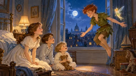 Peter Pan flota en la habitación de Wendy, John y Michael junto a una ventana nocturna y una pequeña hada.