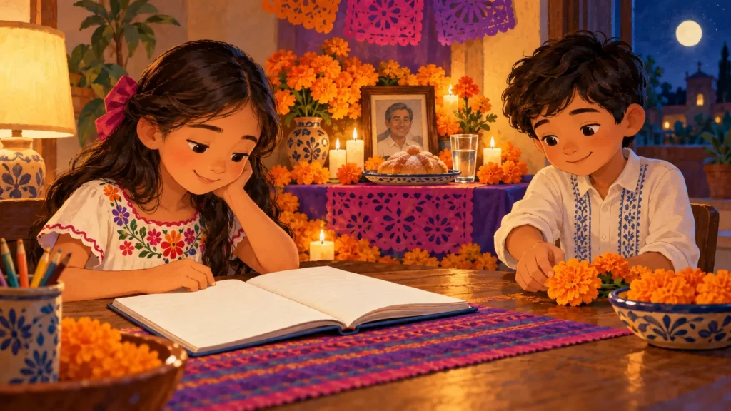 Seis poemas cortos de Día de Muertos para niños: flores, pan y recuerdos 1 Dos niños leen un cuaderno junto a una ofrenda familiar con flores, pan y papel picado.