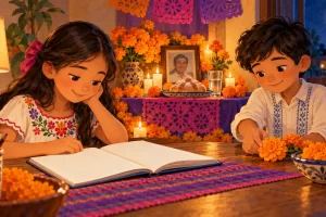 Dos niños leen un cuaderno junto a una ofrenda familiar con flores, pan y papel picado.