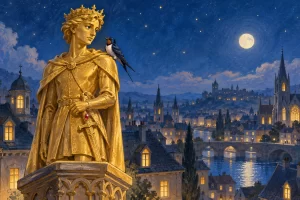 La estatua dorada del Príncipe Feliz y una golondrina sobre una ciudad de noche.