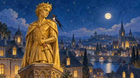 La estatua dorada del Príncipe Feliz y una golondrina sobre una ciudad de noche.