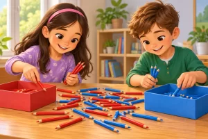 Dos escolares reúnen lápices de colores en una mesa.