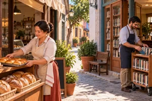 Una panadera y un bibliotecario trabajan en dos espacios abiertos de una misma calle ilustrada.