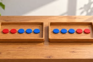 Dos bandejas contienen cinco fichas cada una, con dos rojas y tres azules colocadas en orden distinto.