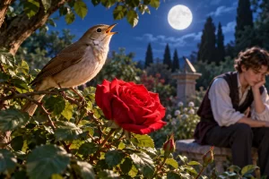 Un ruiseñor canta junto a una rosa roja mientras un joven permanece pensativo en el jardín.