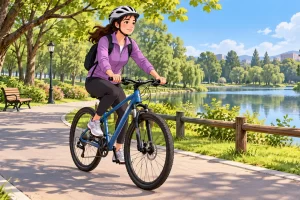 Una ciclista recorre un camino del parque.