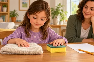 Una niña compara una tela suave y una esponja sobre una mesa.
