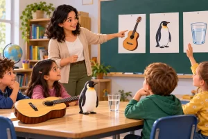 Una profesora muestra dibujos de una guitarra, un pingüino y un vaso de agua.