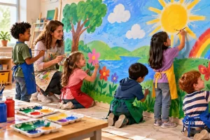 Niños y docente pintando un mural con un paisaje.