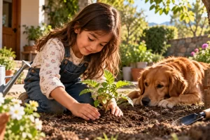 Niña cuidando una planta junto a un perro en el jardín.