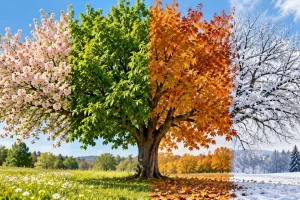Un árbol representado con flores, hojas verdes, hojas de otoño y ramas nevadas.