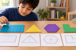 Un estudiante explora un rectángulo cuadriculado, un triángulo, un hexágono y una figura en L.