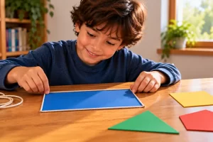 Un niño coloca una cuerda alrededor de una cartulina rectangular.