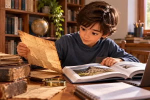 Un estudiante compara una hoja escrita con un libro en una biblioteca.
