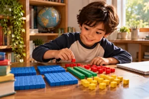 Un niño organiza bloques de colores en una mesa de estudio.