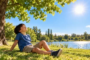 Un niño descansa a la sombra de un árbol junto a un lago en un día luminoso.
