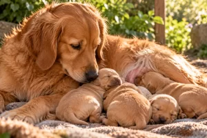 Una perra de pelaje dorado descansa junto a sus cachorros sobre una manta en el jardín.