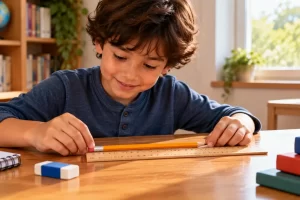 Niño comparando la longitud de un lápiz con una regla.