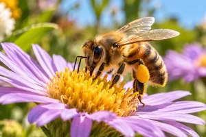 Abeja visitando una flor con polen adherido al cuerpo.
