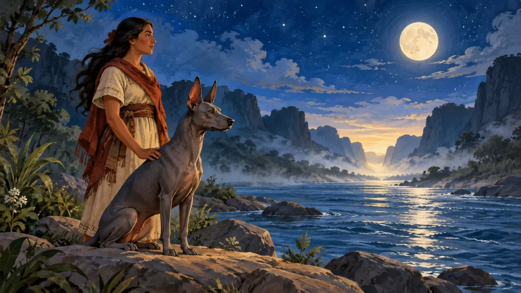 Una mujer y un xoloitzcuintle junto a un río iluminado por la luna.