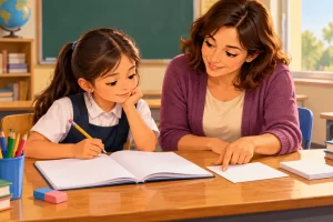 Una estudiante revisa un cuaderno con apoyo de una docente.