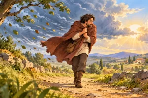 Un viajero sujeta su capa sobre los hombros mientras sopla el viento junto al camino.
