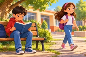 Dos escolares realizan acciones distintas: leer y caminar.