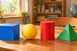 Un cubo azul, una esfera amarilla, un cilindro rojo y una pirámide verde de base cuadrada.