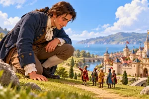 Gulliver conversa con varios habitantes diminutos junto a una ciudad de Liliput.