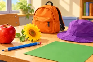 Una manzana roja, un lápiz azul, una hoja de papel verde, una flor amarilla, una mochila naranja y un sombrero morado sobre una mesa.