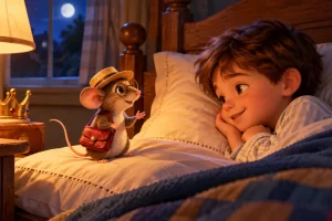 Ratón Pérez, con sombrero de paja, anteojos y cartera roja, conversa con Buby sobre una almohada.