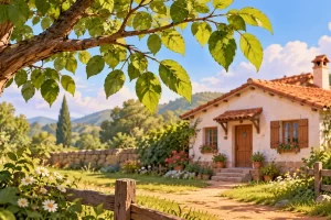 Una casa al fondo y una rama con hojas en primer término.