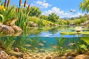 Un estanque con plantas, una rana, peces, agua, rocas y luz del día.