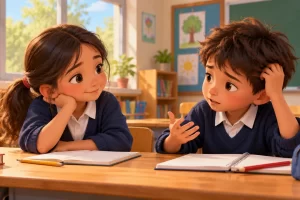 Una escolar escucha a un compañero que explica una dificultad con su tarea.