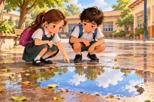 Dos escolares observan un charco de lluvia que refleja el cielo en el patio.