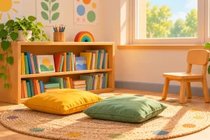 Un rincón de lectura con estantería, cojines y silla junto a una ventana.