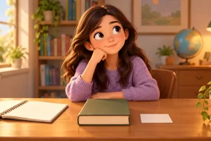 Una lectora prepara una ficha breve junto a un libro.
