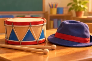 Un tambor con sus baquetas y un sombrero sobre una mesa.