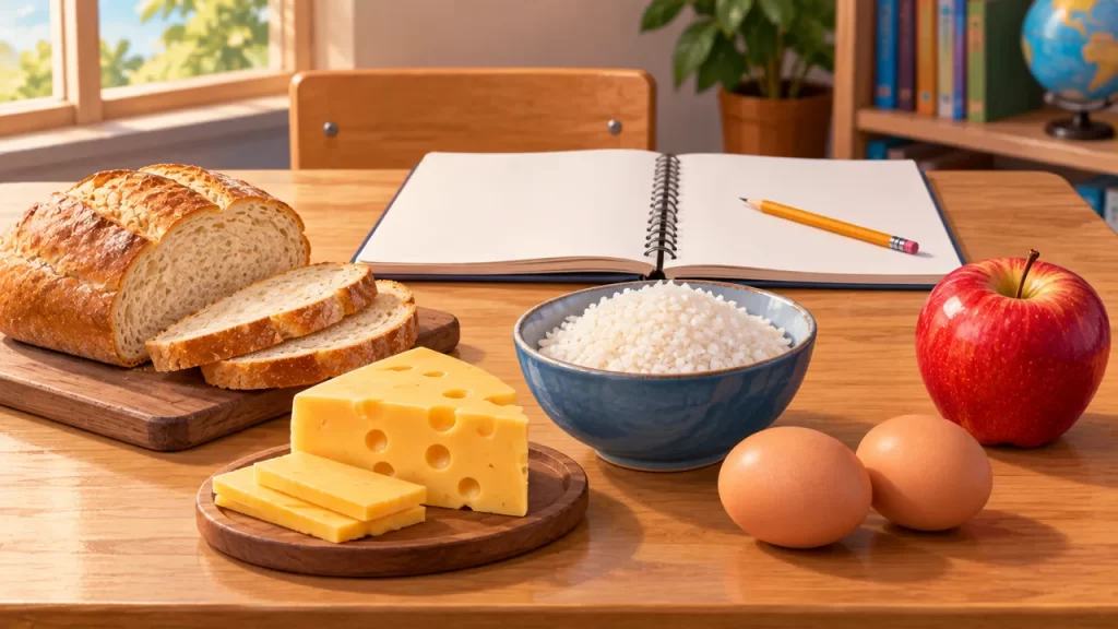 Pan, queso, arroz, dos huevos y una manzana junto a un cuaderno en blanco.
