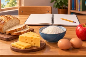 Pan, queso, arroz, dos huevos y una manzana junto a un cuaderno en blanco.