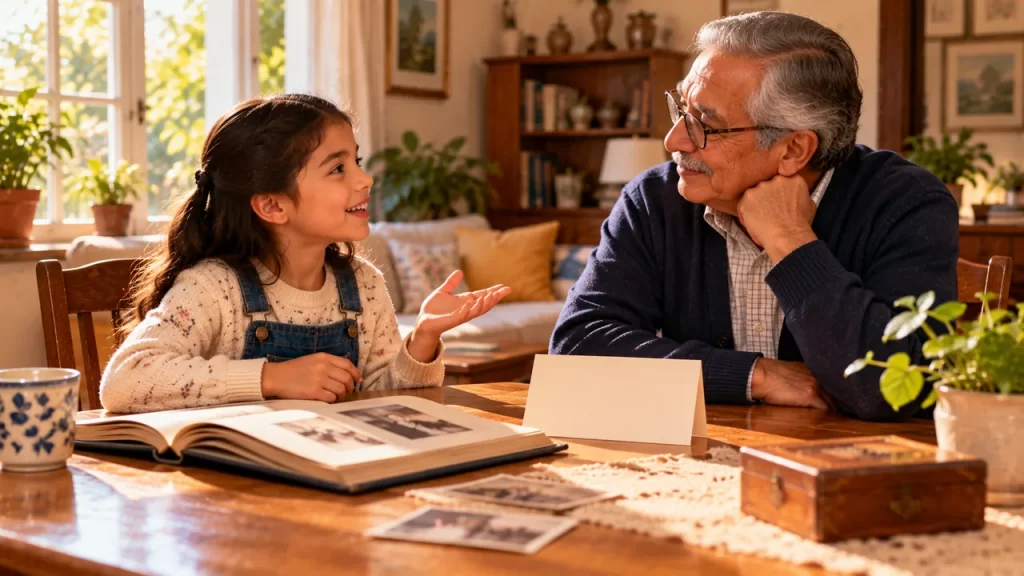 Una niña conversa con una persona mayor junto a una mesa con una tarjeta en blanco.