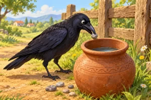 Un cuervo deja caer una piedrita en una jarra de barro junto a una cerca.