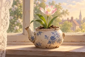 Una tetera con el asa y el pico rotos sirve de maceta para una flor.